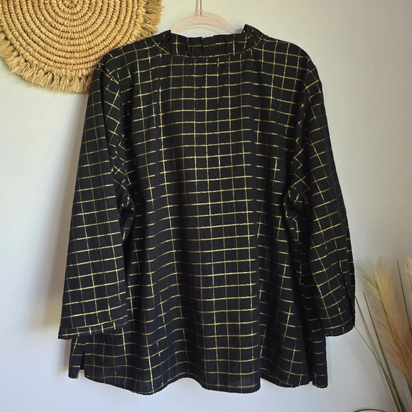 Crown & Ivy, Black & Metallic Gold Plaid Ruffle Neck Popover Shirt, Size 3X - Picture 7 of 9